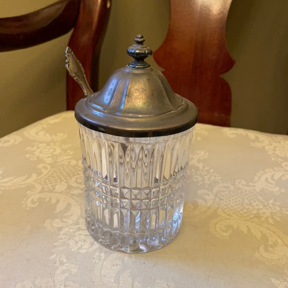 Vintage Fostoria Aspen jelly jam jar, pressed glass, International silver co